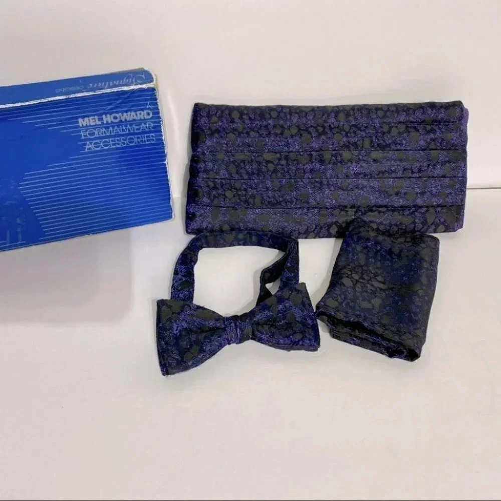 Vintage Mel Howard purple black bow tie cummerbund‎ scarf Classic Prom Formal